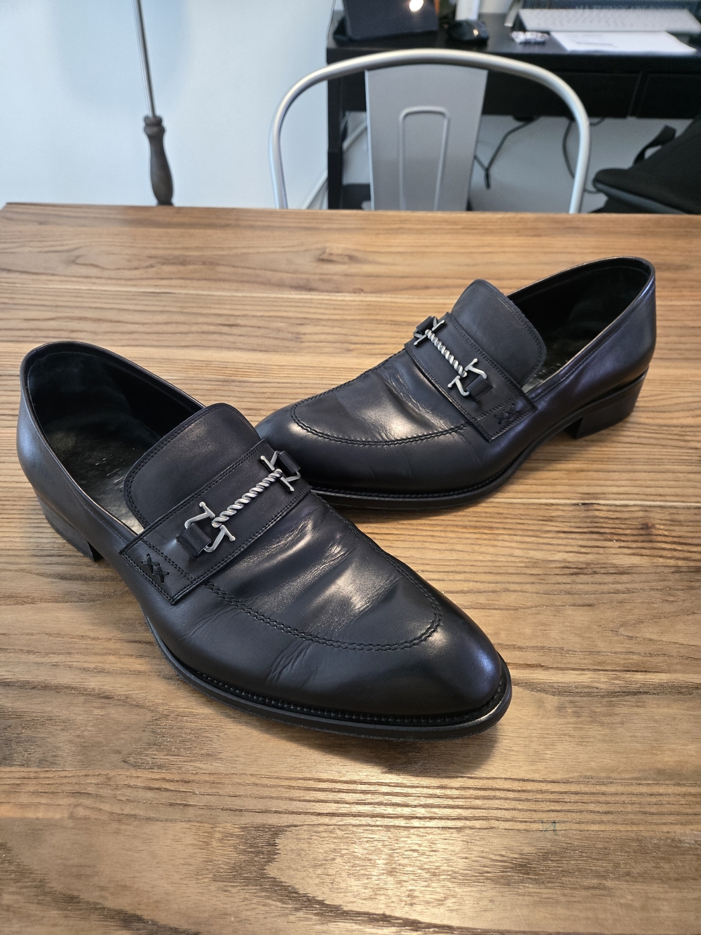 BRIONI Black Leather Block Heeled Almond-Toe Men's Penny Loafers Size 11 - Picture 12 of 12